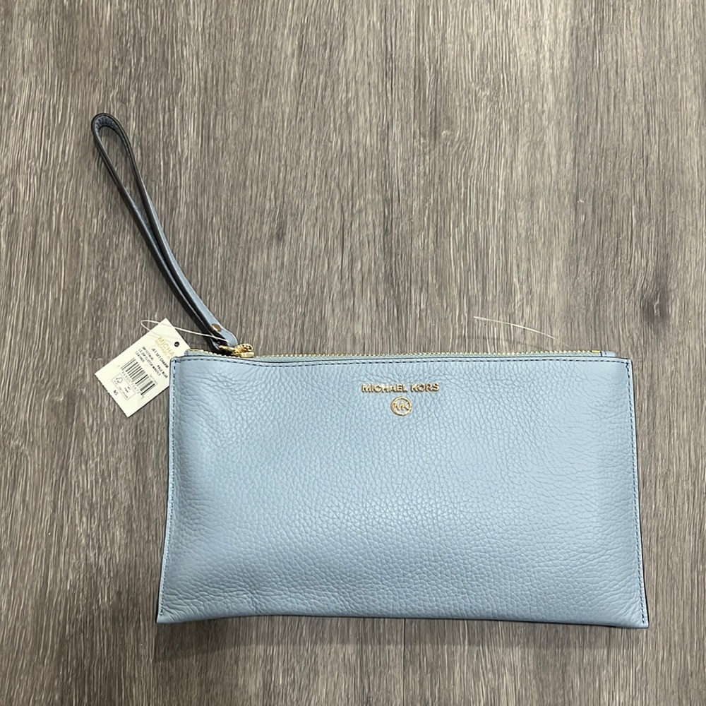 Brand New Michael Kors Zip Clutch Wristlet - Pale Blue with Tag
